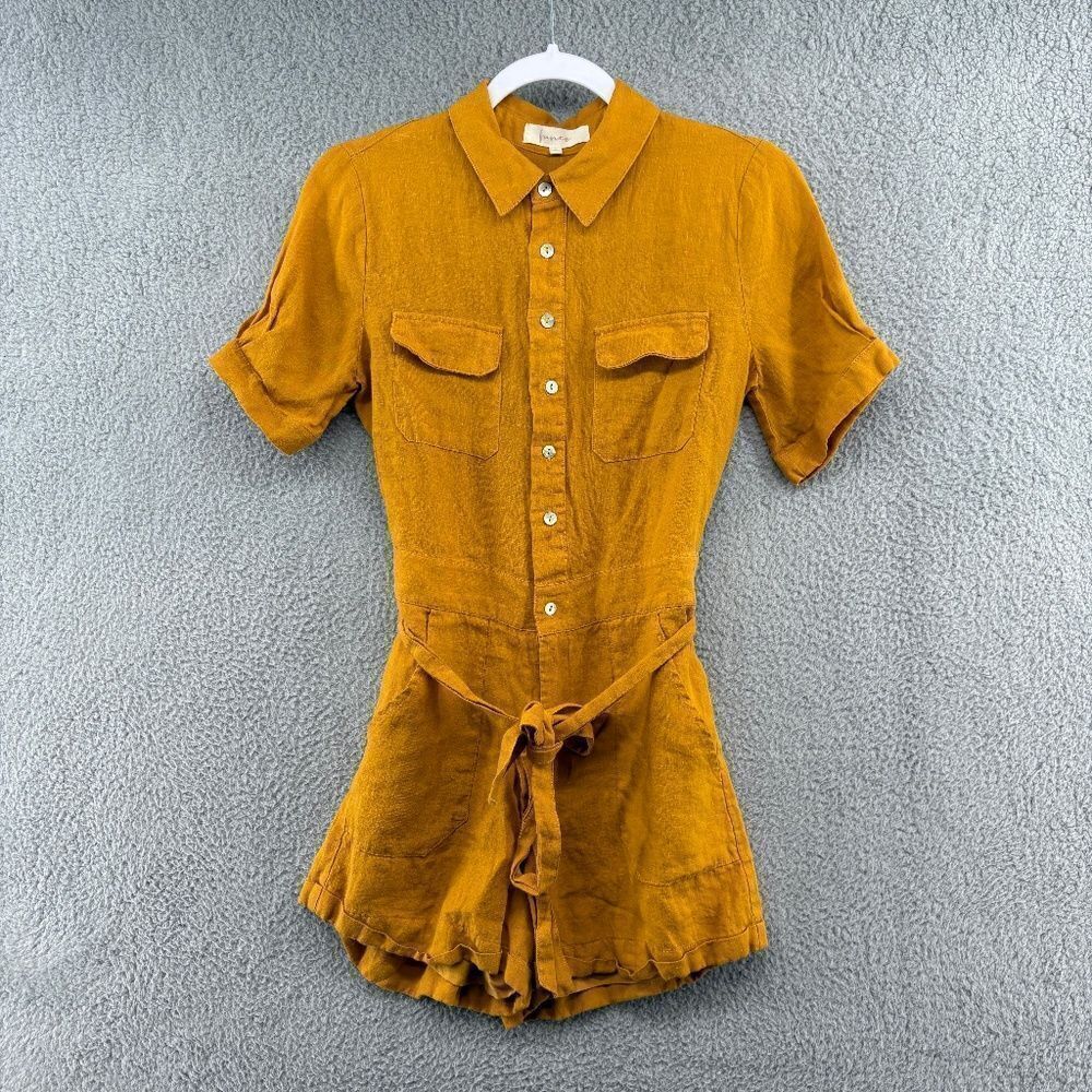 Fanco Linen Romper Mustard Yellow Short Sleeve Belted Tie Waist Sz Small